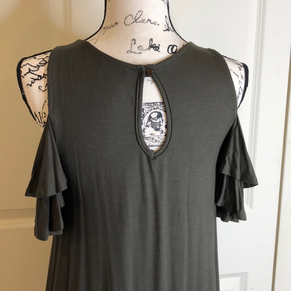 Olive Cold Shoulder Swing Dress Ruffled Sleeves - Picture 4 of 9